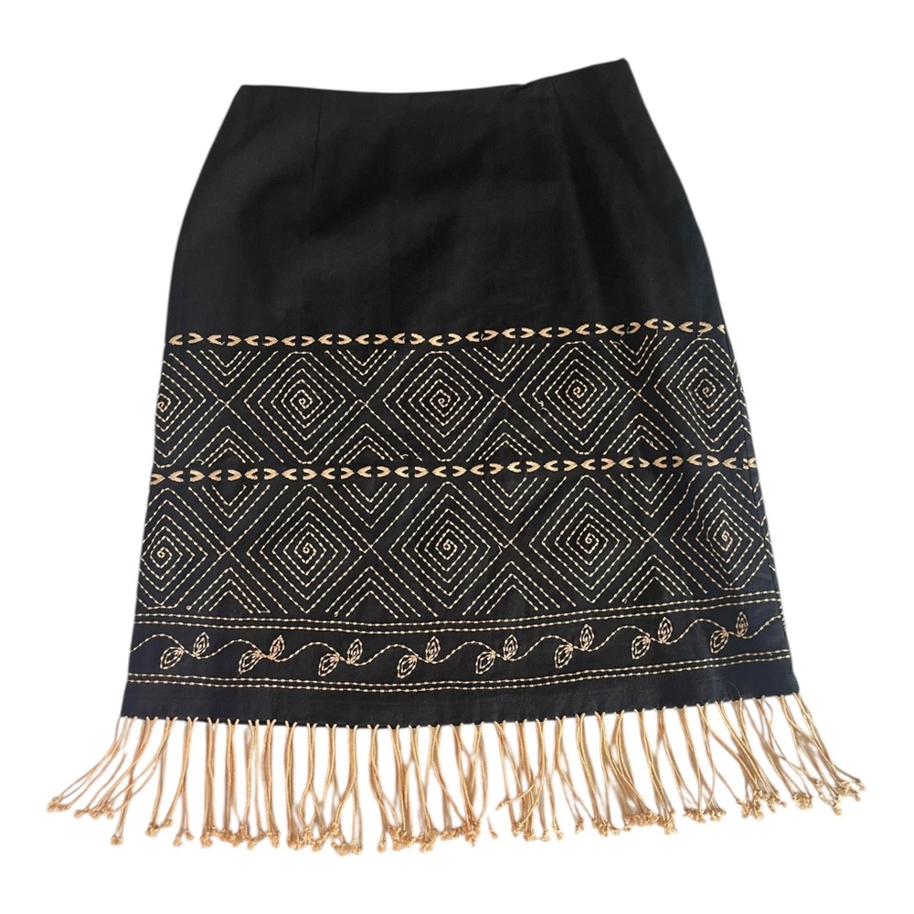 Richard Malcolm Black Linen Embroidered Natural Boho Skirt Fringe Size 6 Petite